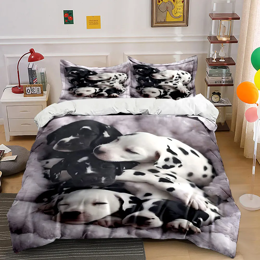 Sleeping Dalmatian Puppies Cuddling Print Bedding Set 1 Duvet Cover 2 Pillowcases for Adult and Children Luxury Gift Full Size