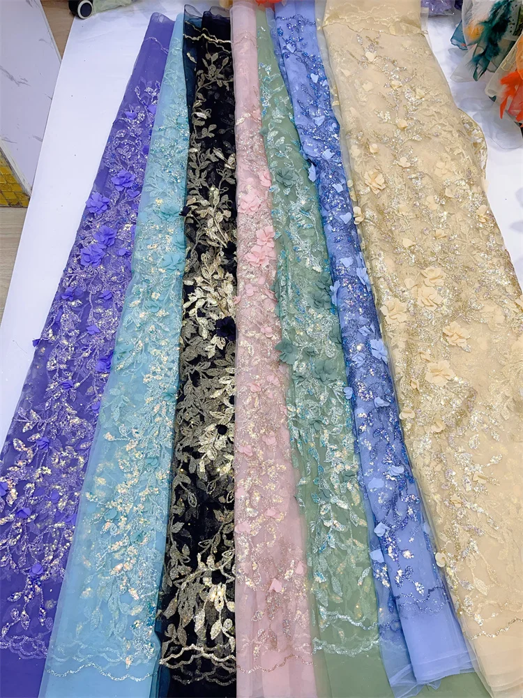 Latest French 3D Flower Glue Sequins lace Fabric 2023 high Quality Nigerian Sequins Beads Lace Fabric with wedding Sew 5 Yards