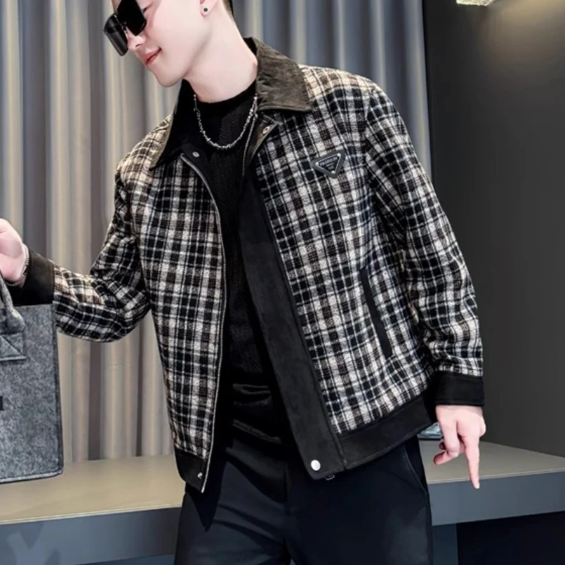 

Autumn Winter Trendy Woolen Velvet Jacket Men Checkered Versatile Casual Business Jackets Turn Down Collar Wool Blends Jacket