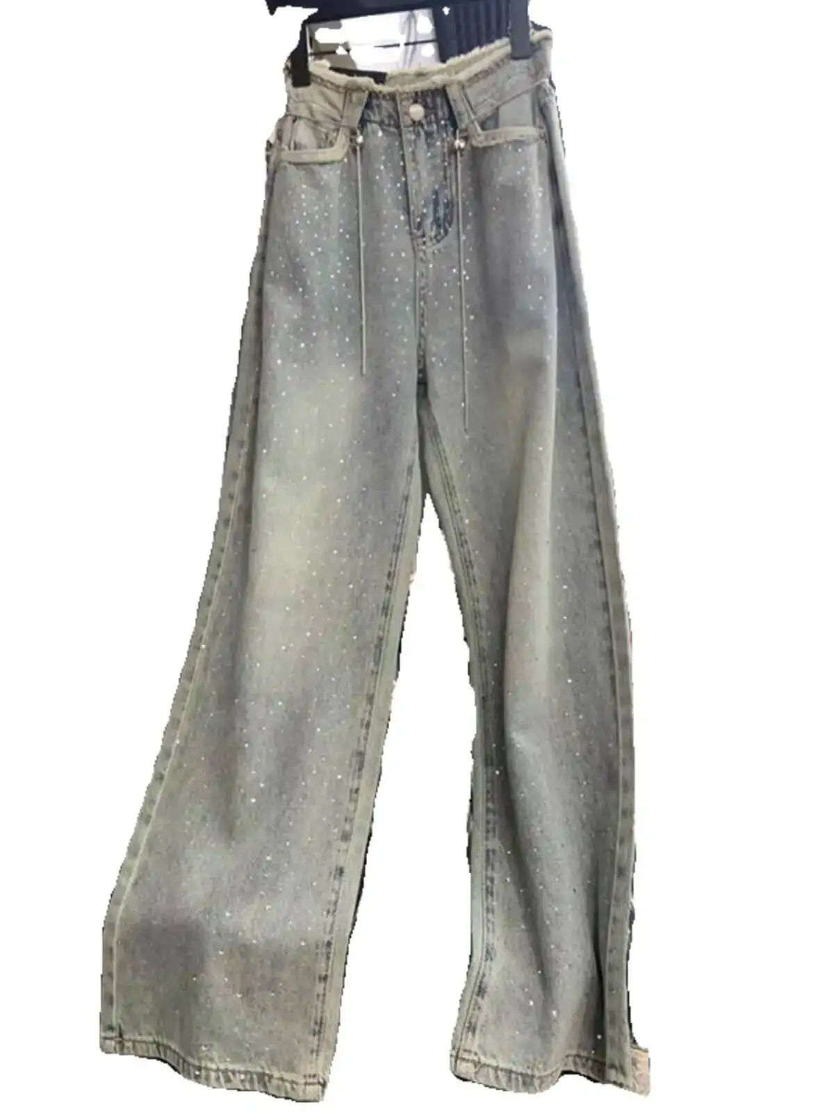 

Лето 2022, женские джинсы с высокой талией, стразы, звездное небо, потертый подол, тонкая ткань
