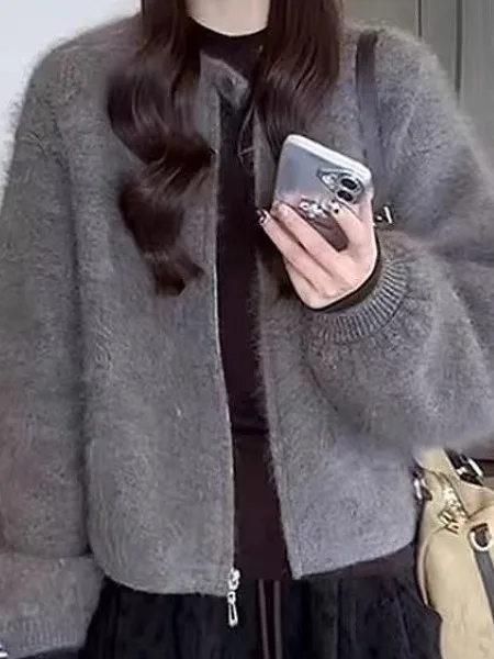 

Зимний свитер больших размеров с меховым ощущением на молнии и одной пуговицей, женское повседневное пальто, длинное свековое круглое трикотажное белье