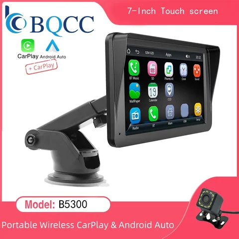 Bqcc 7 polegadas rádio do carro reprodutor de vídeo multimídia sem fio carplay e sem fio android tela toque automático viseira solar 5300