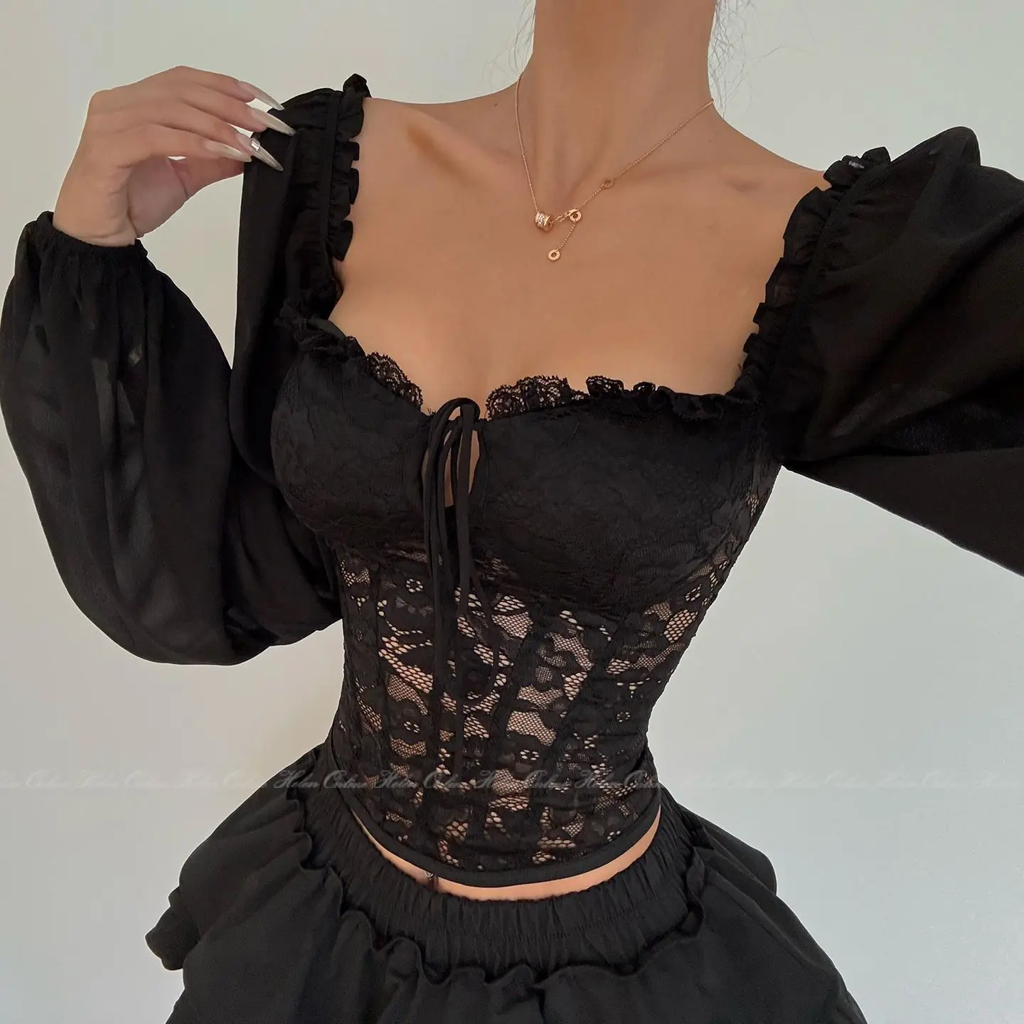 Y2k Sexy Lace Strap Crop Top Women Lantern Sleeve Off-shoulder Gothic Shirt Grunge T-shirt Sweet Aesthetics Tees Vintage Clothes