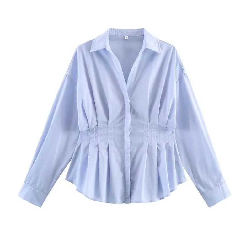 Cross-border in-stock European and American Style Women's Clothing 2026 Spring New Long-sleeved Lapel Pleated Poplin Shirt Style