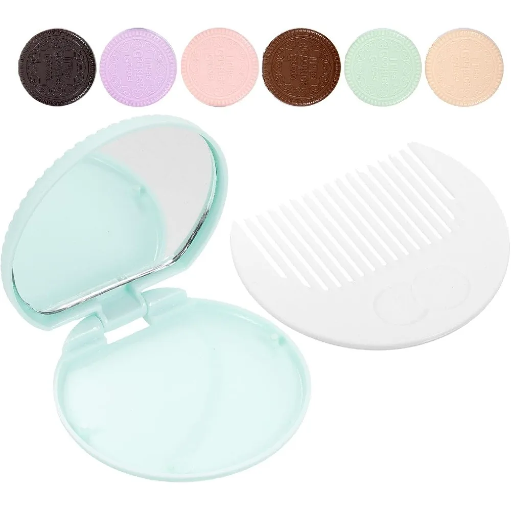 2 Pack Chocolate Mirror Comb Set, Portable Travel Folding Hairbrush with Mirror, Compact Lightweight Grooming Kit for Purse, Makeup Touch-Up on the Go (Random Colors)
