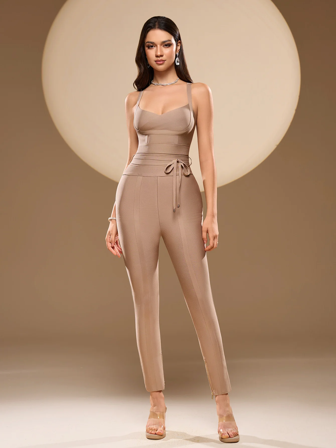

Women beige Bandage Jumpsuits Spaghetti Strap Bodycon Elastic High Street Yoga Jogging Jumpsuit Running Sports Rompers 136CM