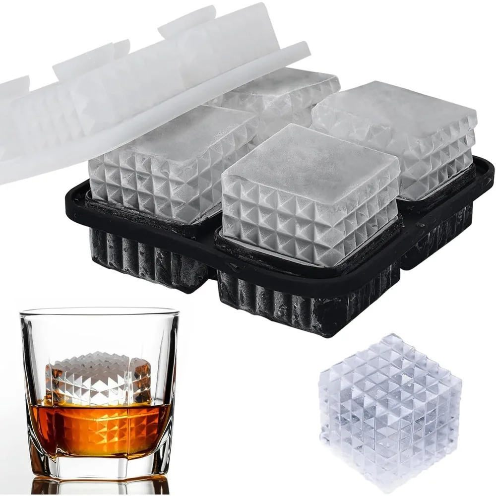 Whiskey Ice Cubes MoldSilicone Ices Cube Trays with Lid Diamond Textured Large Square Cube Mold Big Bourbon Ice Cube Mo