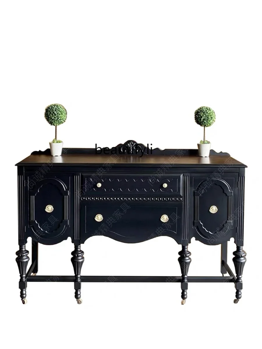 

HFrench retro solid wood porch table black American entry foyer decorative cabinet living room engraved locker