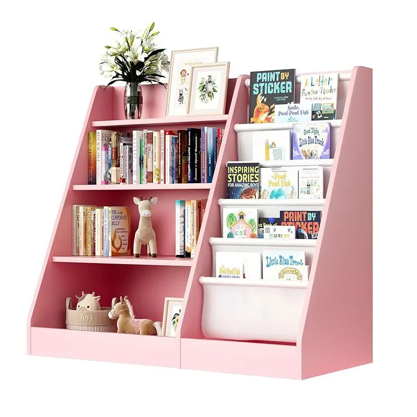 PINK Large Bookcase, Kids Bookshelf Nursery Display Shelf and Playroom Furniture