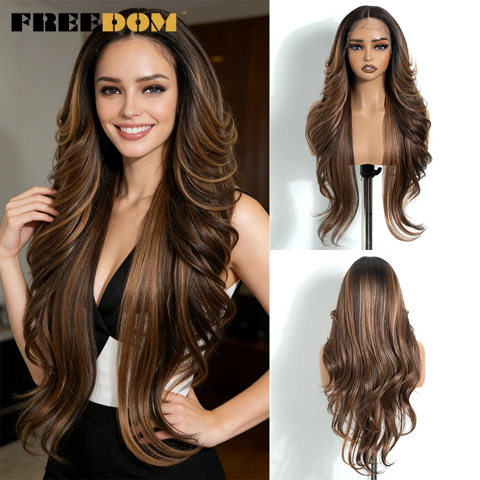FREEDOM Long Layered Wavy Synthetic Lace Front Wigs For Women 28 Inch Ombre Brown Blonde Wig With Bangs Middle Part Cosplay Wigs
