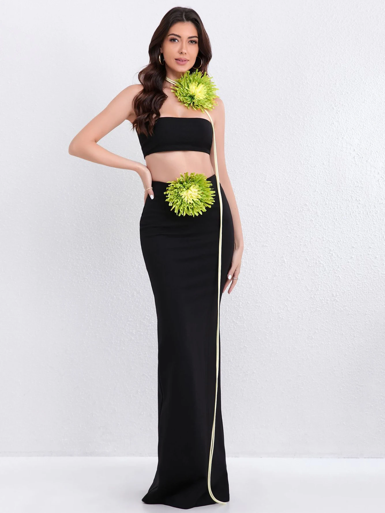 High Quality Women'S 3D Flower Black 2-Piece Set 2024 Sexy Strapless Strapless Strapless Top+High Waisted Long Skirt Party Set