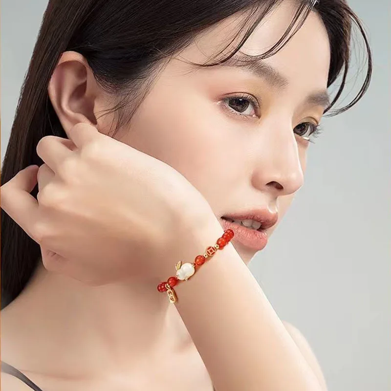 Lucky Wealth Red String Cartoon Bunny Bracelet Jade Rabbit Bless Elastic Beaded Charm Animal Bangle for Women Men Zodiac Jewelry - Image 4