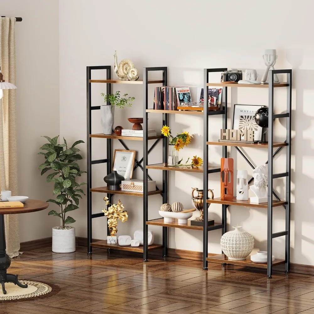 Triple 4 Tier Bookshelf, Bookcase with 11 Open Display Shelves, Wide Bookshelf Bookcase for Home & Office, Rustic Brown