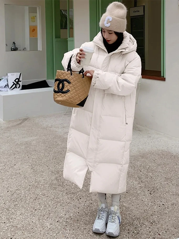 2024 koreanische Frauen Winter jacke langer Mantel Kapuze Parkas warm dick schwarz beige wind dicht weibliche Daunen Baumwoll mantel Outwear