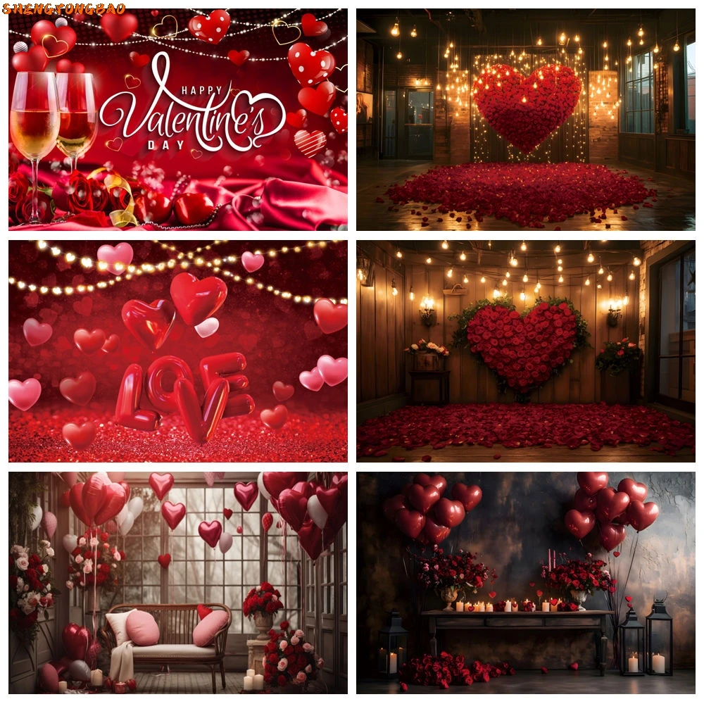 

February 14 Valentine's Day Photography Backdrops Romantic Red Rose Love Heart Balloon Wedding Portrait Photo Background Decor