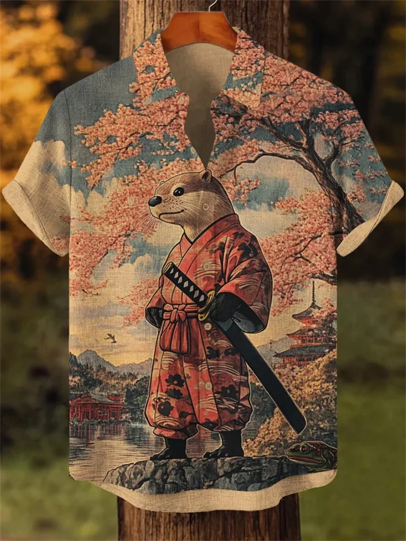 Men's Volcano Animal Pattern Linen Shirt Summer Short Sleeve Button Collar Hawaii Casual Shirt Top
