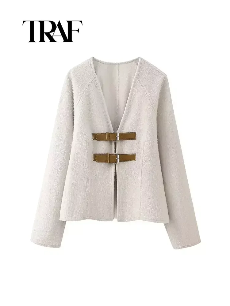  TRAF Woman Vintage White Leather Buckle Woolen Jacket Female Elegant Single Breasted Coat Lady Spring Sweater