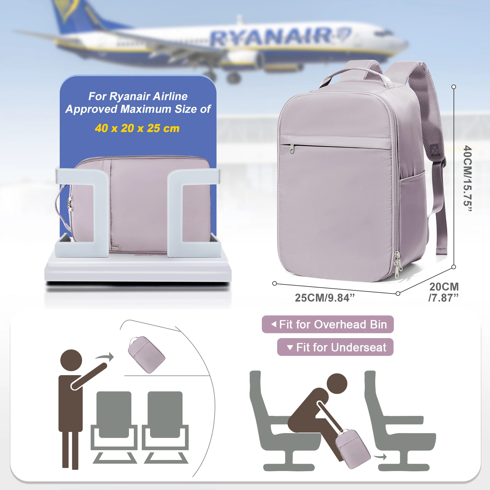 حقيبة ظهر للسفر على شكل طائرة مقاس 40 × 20 × 25، حقيبة ظهر للأمتعة اليدوية EasyJet Carry-Ons للرجال والنساء مقاس 14 بوصة مضادة للسرقة