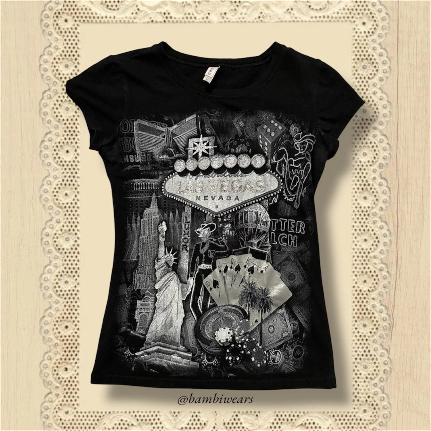 Women's Comfortable Clothing, Las Vegas Collage Graphic Tee, Retro Casino & Landmark Print Casual Short Sleeve Top for Travel St
