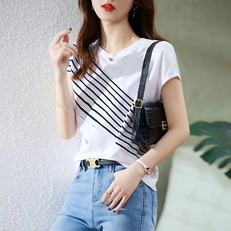 Fashion Printed Spliced Batwing Sleeve Striped Blouse Female Clothing 2023 Summer New Casual Pullovers Loose Korean Shirt