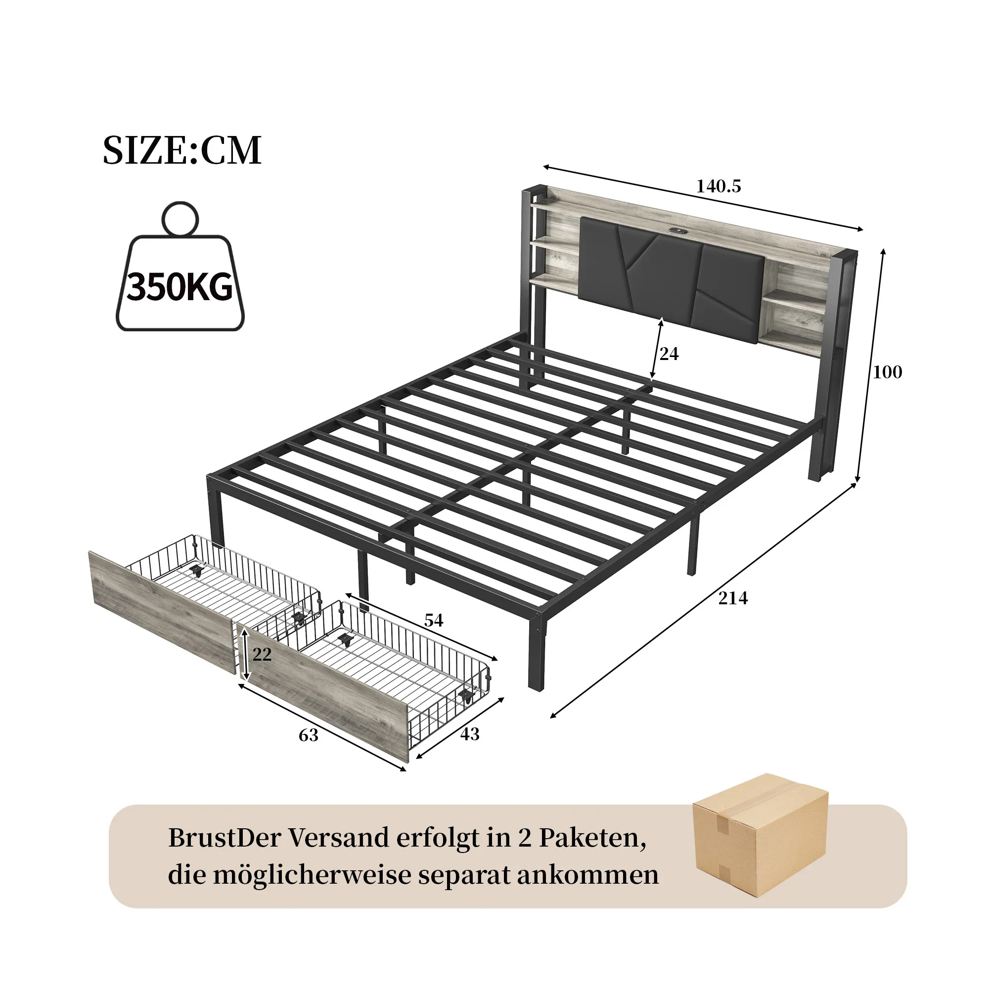 Letto matrimoniale Superaly 140×200 cm con 2 cassetti, letto imbottito, con comodino integrato e presa elettrica, in PU, nero, materasso non incluso.