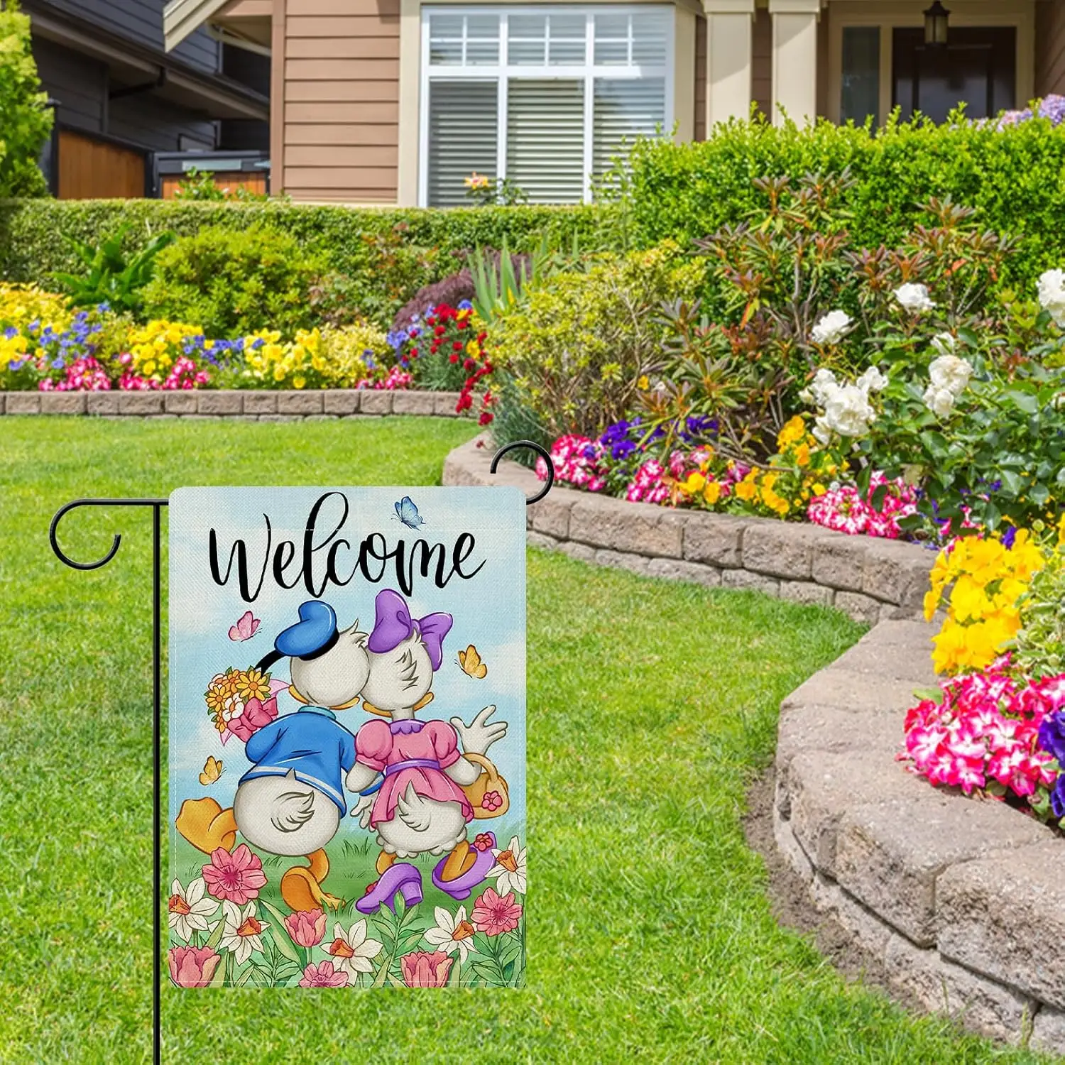 Dyrenson Welcome Spring Summer Cartoon Duck Decorative Garden Flag, Daffodil Daisy Floral Flower Butterfly Yard Outside Home LLG