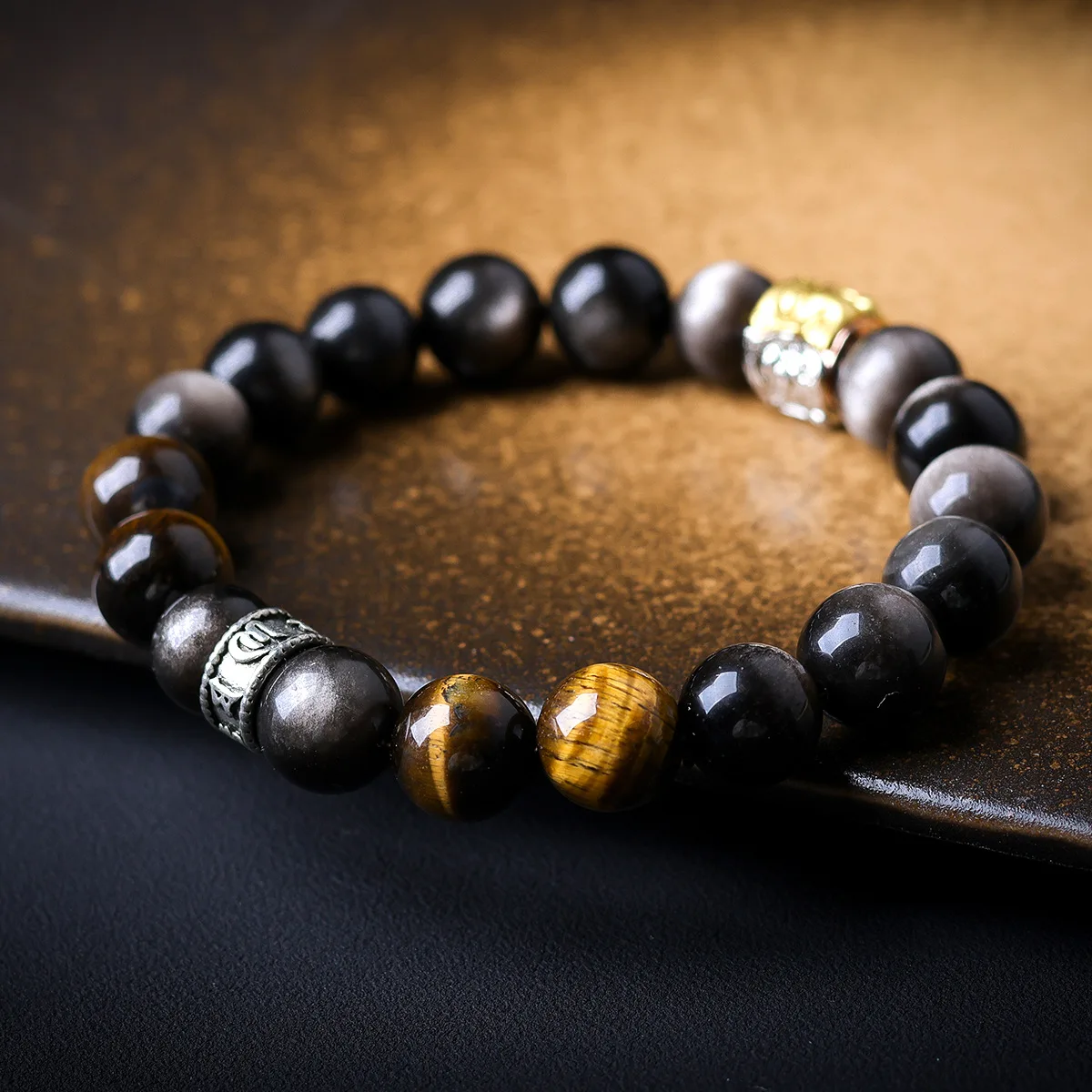 New 2026 Silver Sheen Obsidian Bracelet with Tiger Eye Stone Original One Thought Beaded Bracelet Gifts view 2