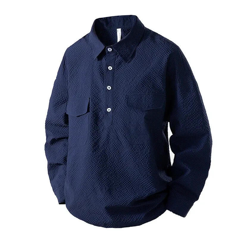 

LIBIELIY New Men's Pullover Shirts Solid Long Sleeve Loose Casual Shirt Man Spring Fashion Breathable Turn Down Collar Tops Male