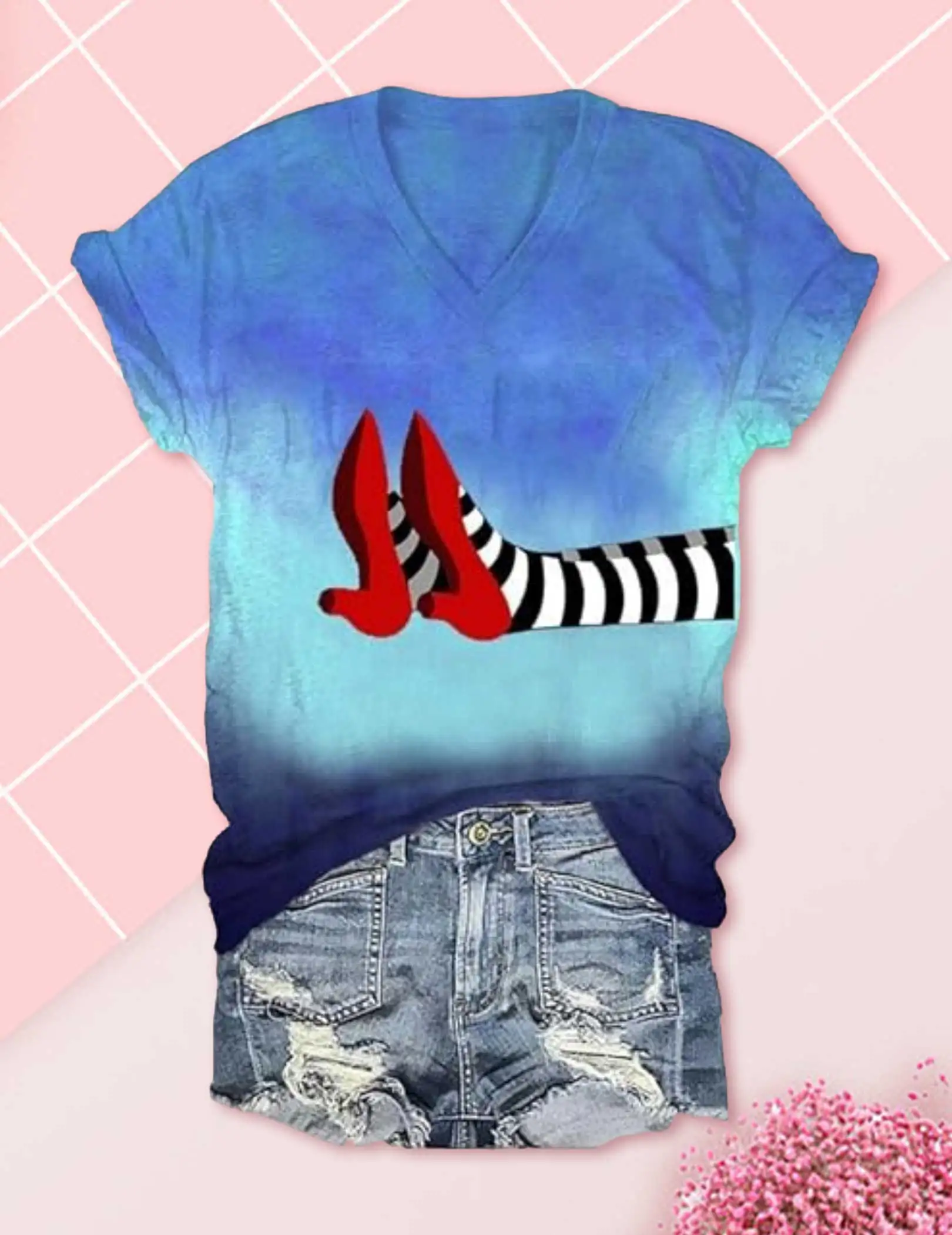 Halloween chaussures rouges T-Shirt sorcière imprimé chemise drôle Halloween chemises doux à manches courtes hauts pour les femmes