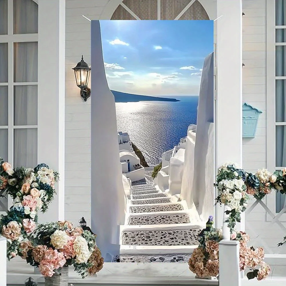 1 pair of white buildings on the Greek island of Santorini with Aegean self-adhesive door stickers, decorated in Mediterranean s