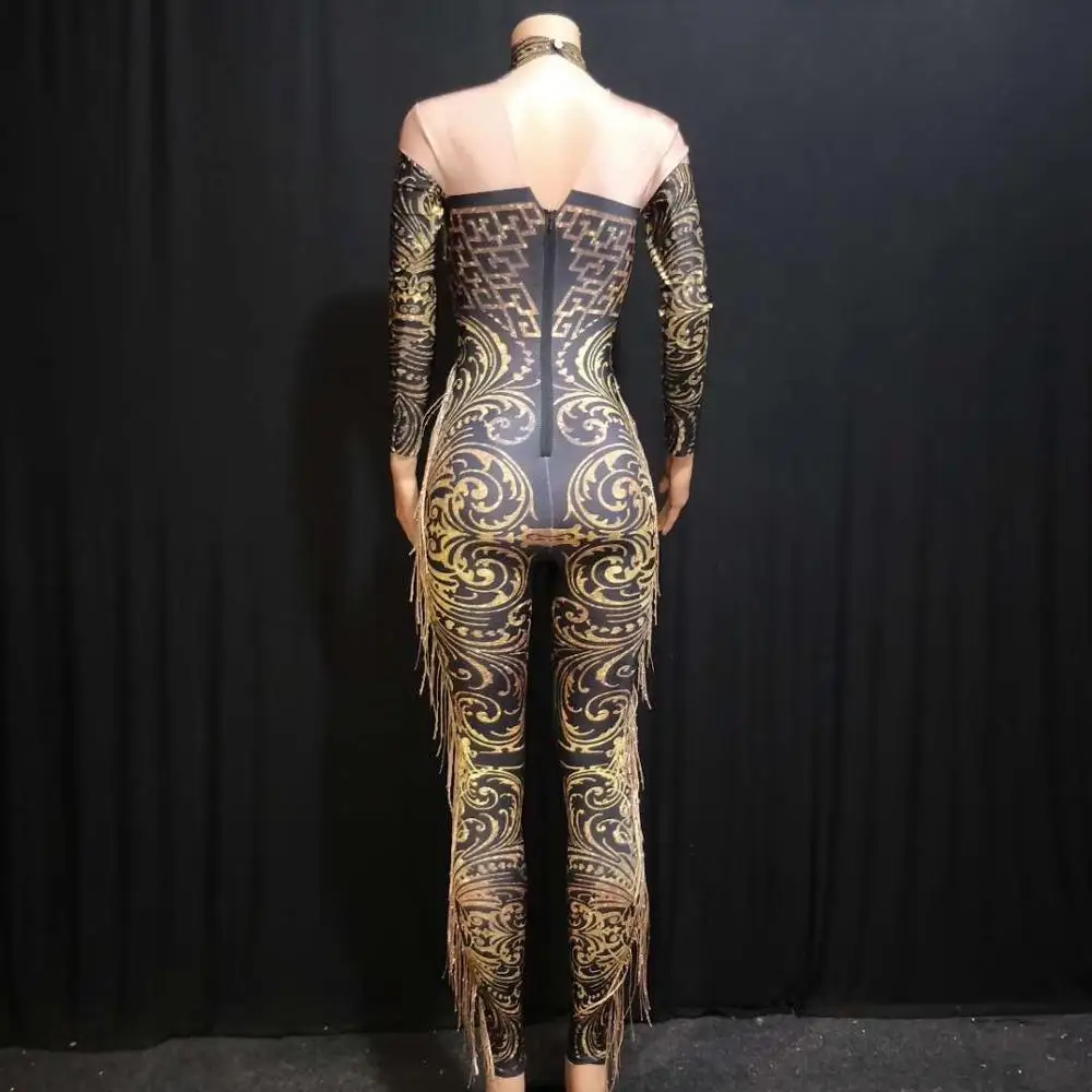 Birthday Female Singer DS Show Nightclub Prom Stage Wear Sexy Printed Tassel Leggings Jumpsuit Rhinestones Women Skinny Bodysuit