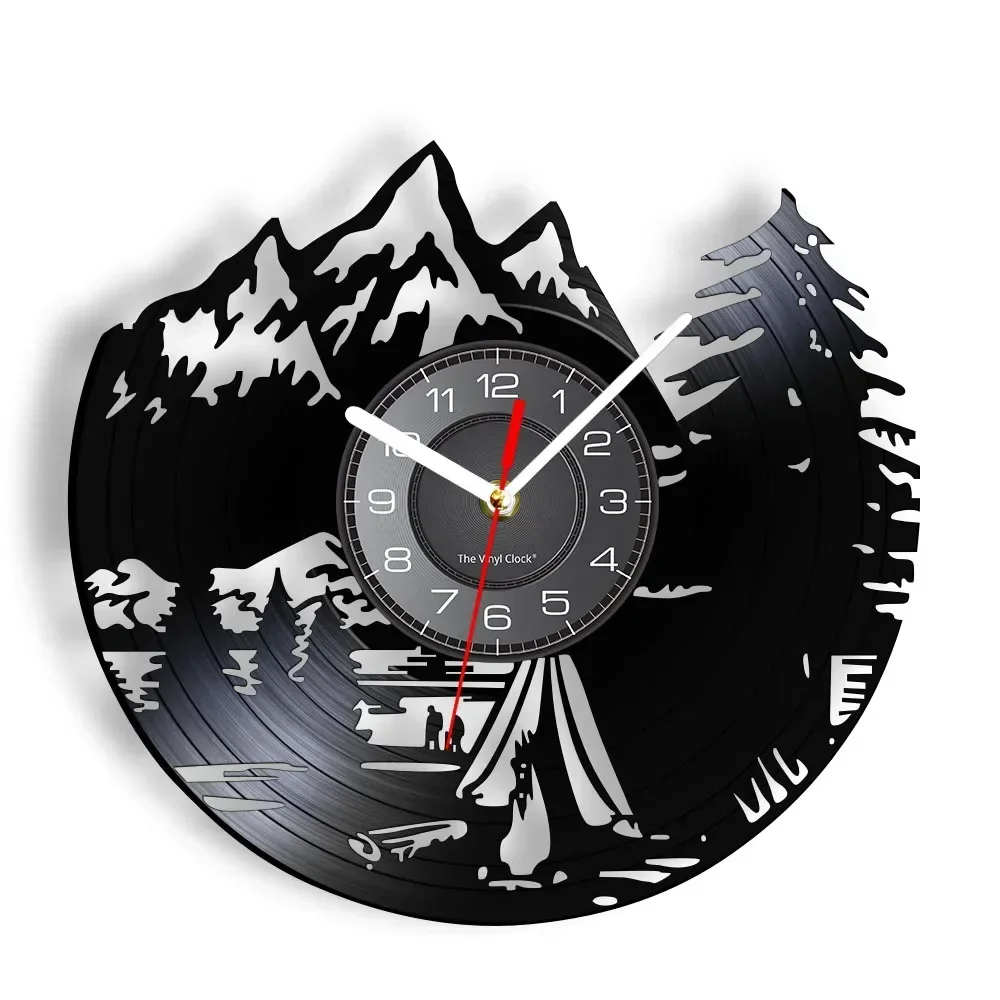 Mountain Range Rest Time Camping Vinyl Recprd Wall Clock Nature Landscape Hiking Inspired Outdoor Adventure Art Timepieces