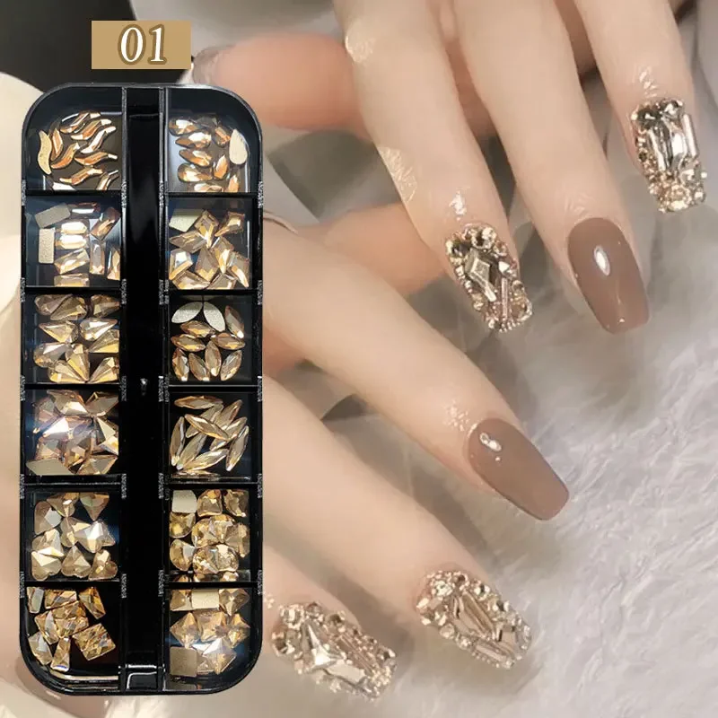 12-siatkowe mieszane rozmiary Nail Art dżetów kryształowe 3D brokatowe diamentowe dekoracje części do paznokci akcesoria DIY dekoracje do Manicure