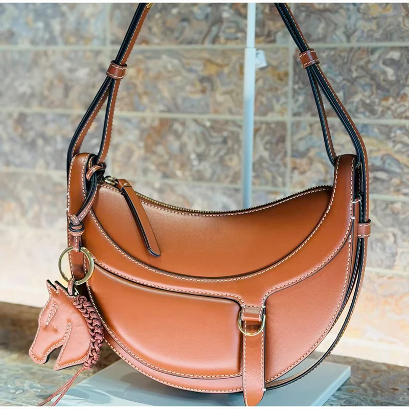 

Crescent Moon Shape Saddle Shoulder Bag,Brown Matte Leather Crossbody Purse,Adjustable Strap Metal Ring, Chic Commute Tote Women