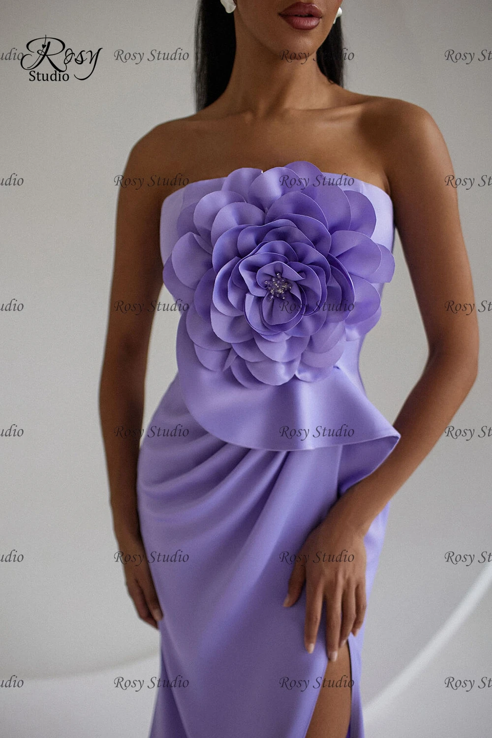 2024 Lavender Prom Dresses with Flower Strapless Side Slit Evening Gowns Mermaid Formal Satin Wedding Party Dress