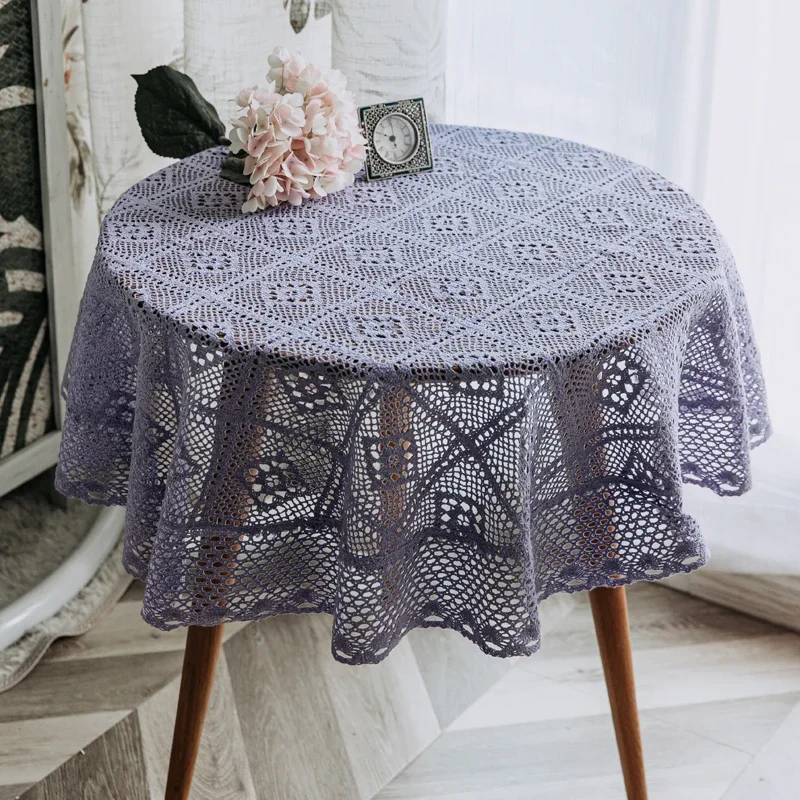 Pastoral Crochet Tablecloth Hollowed Out Woven Circular Tablecloth Dining Table Cover Photo Background Party Table Decor