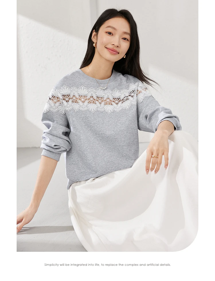 VIMLY Women's Sweatshirt 2025 Spring Autumn Casual Fashion Splicing Hollow Lace Grey Long Sleeve Loose Top Ladies Clothes A0513