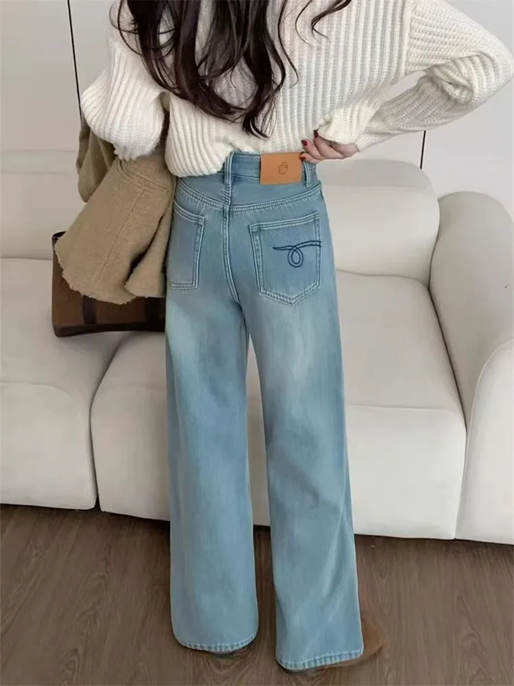 

Прямые синие джинсы с высокой талией, женские свободные широкие брюки длиной до пола, повседневная одежда с эффектом выцветания, весенне-осенняя одежда