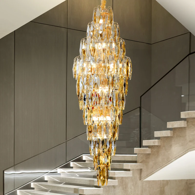 

Luxury European Duplex Large Chandelier Hotel Lobby Mid - Floor Staircase Long Chandelier Villa Living Room High Crystal Light