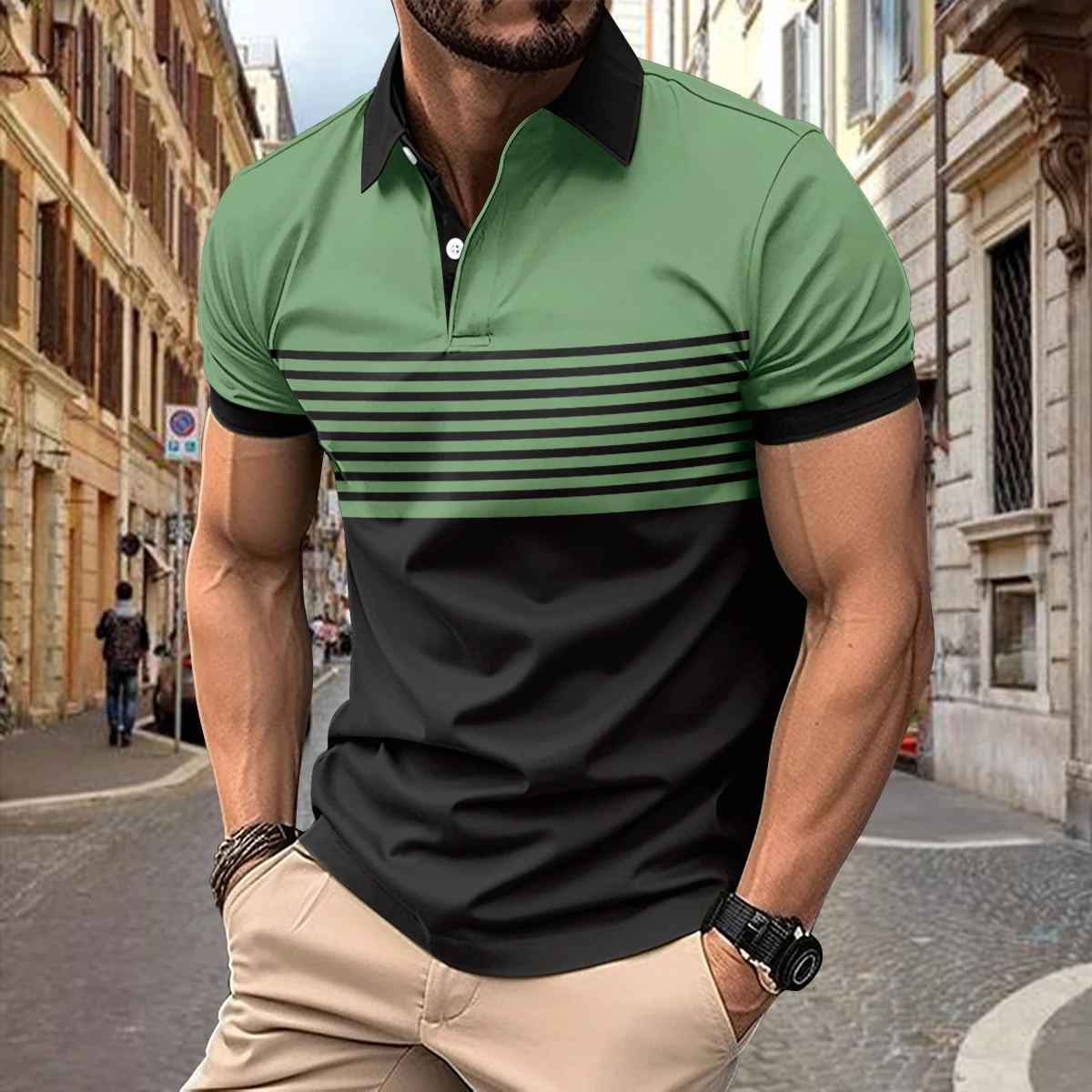 Man‘s Polo Shirt Polyester Casual Beach Polo Shirts Summer Contrast Striped Printing Shirts Mens Polo Shirts Mens Best For Man