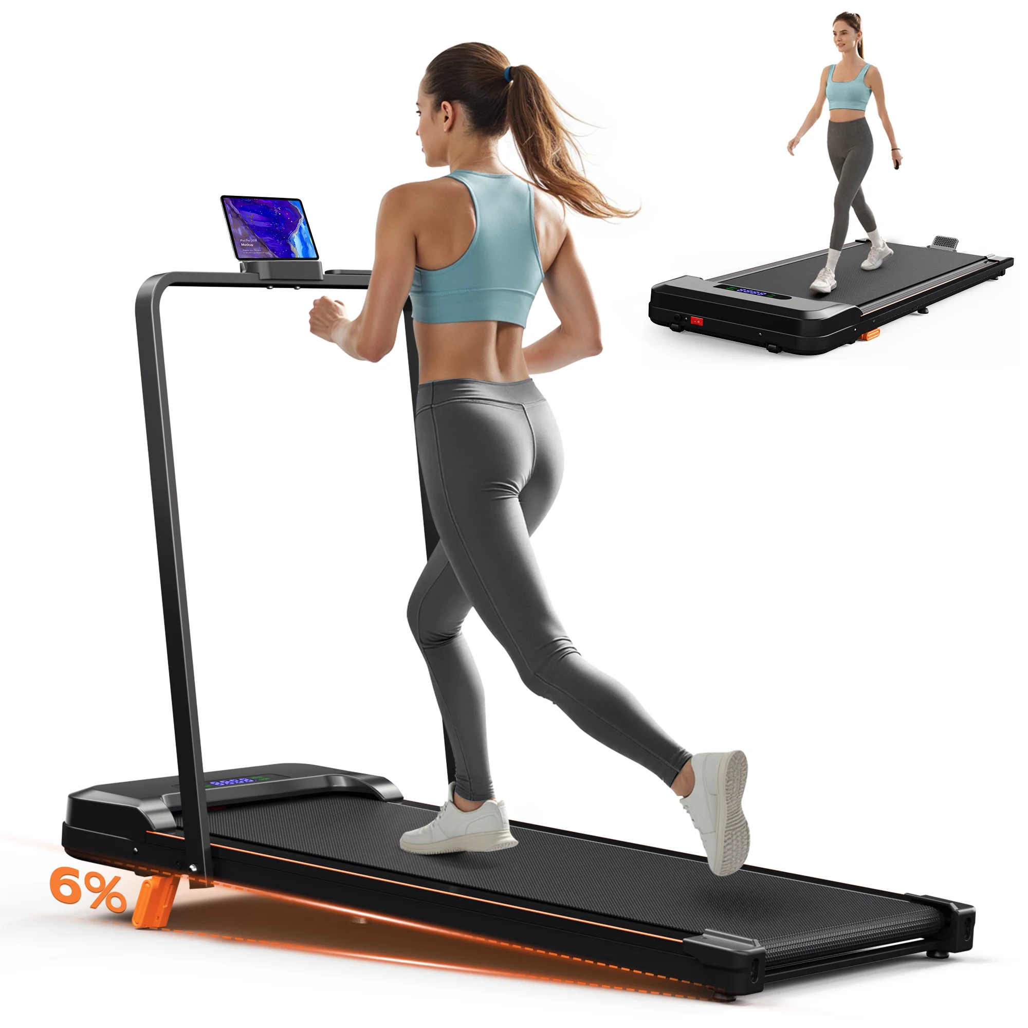 KERDOM 4 in 1 Climbing Treadmill with Handrail Handle Bar, Low Noise Running Pad with 6% Incline for Home Gym Fitness, LED Display & Phone Holder, Under Desk Portable Folding Walking Pad Space Saving for Office/Jogging/Pet Exercise, 300lbs Capacity
