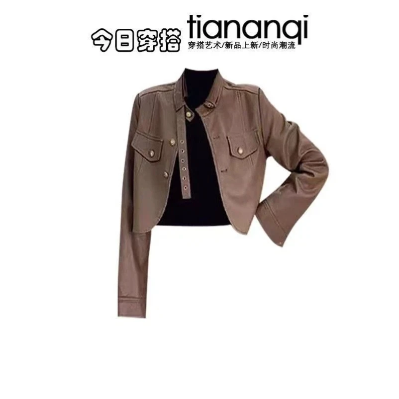 ชุดแฟชั่นผู้หญิง ฤดูใบไม้ผลิและฤดูใบไม้ร่วง แจ็คเก็ตหนัง Meilad รุ่นใหม่ ชุดเดรสสายเดี่ยวแฟชั่น ชุดสองชิ้น