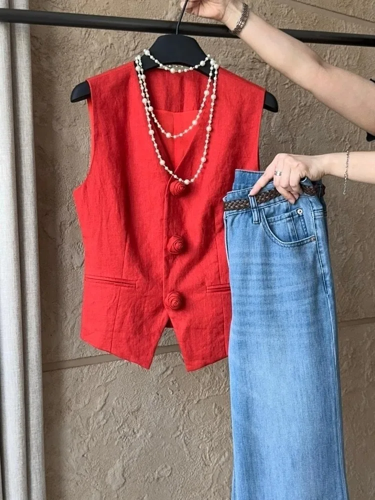 Letnia Lekka Czerwona Lniana Kamizelka Damska Cienka Elegancka Wyjątkowa Super Piękna Odmładzająca Osobowość Modny ...