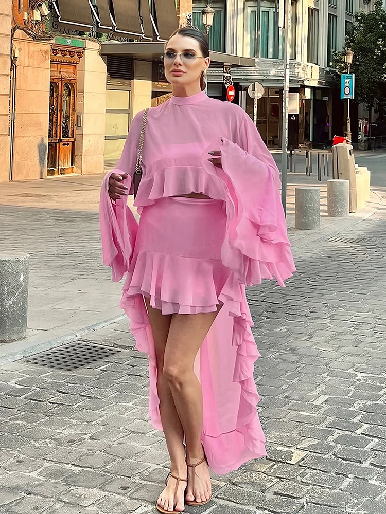 

Sisterlinda сексуальный комплект из 3 предметов, женский сетчатый укороченный топ нестандартной формы + топ без бретелек + многоуровневая юбка с кисточками, одинаковая эластичная одежда для отпуска, клубная одежда