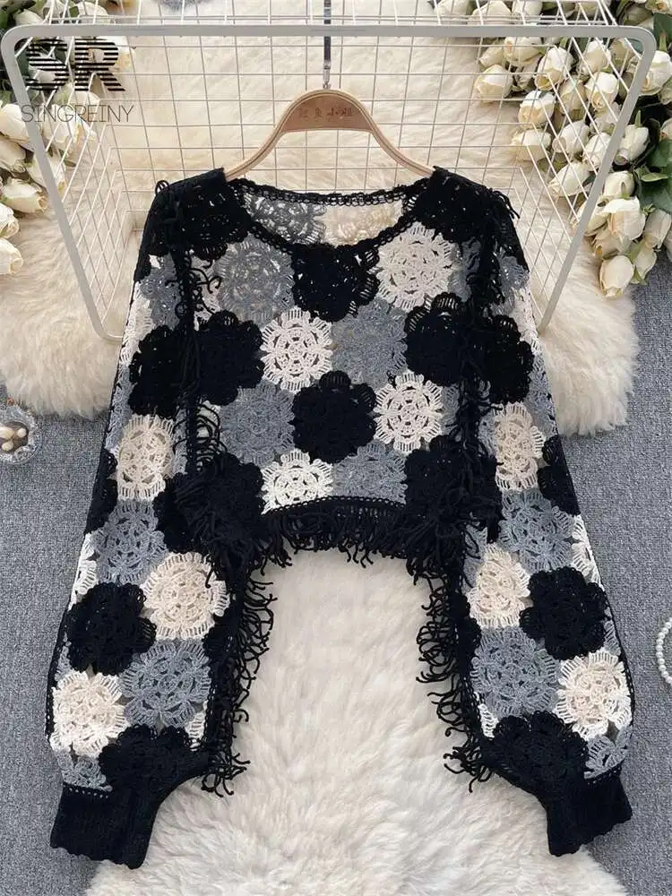 BabYoung Flower Hook Sunscreen Shirt Women Hollow Out Vintage O Neck Long Sleeve Ladies Summer Casual Tassel Short Blouse