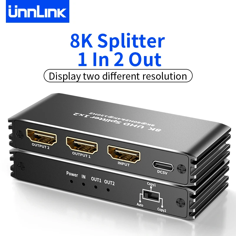 Unnlink 8K 60Hz HDMI 2.1 Splitter 1 In 2 Out 4K 120Hz 1x2 supporto Dolby Vision Atmos ALLM HDR UHD VRR per PS5/4 XBox a TV