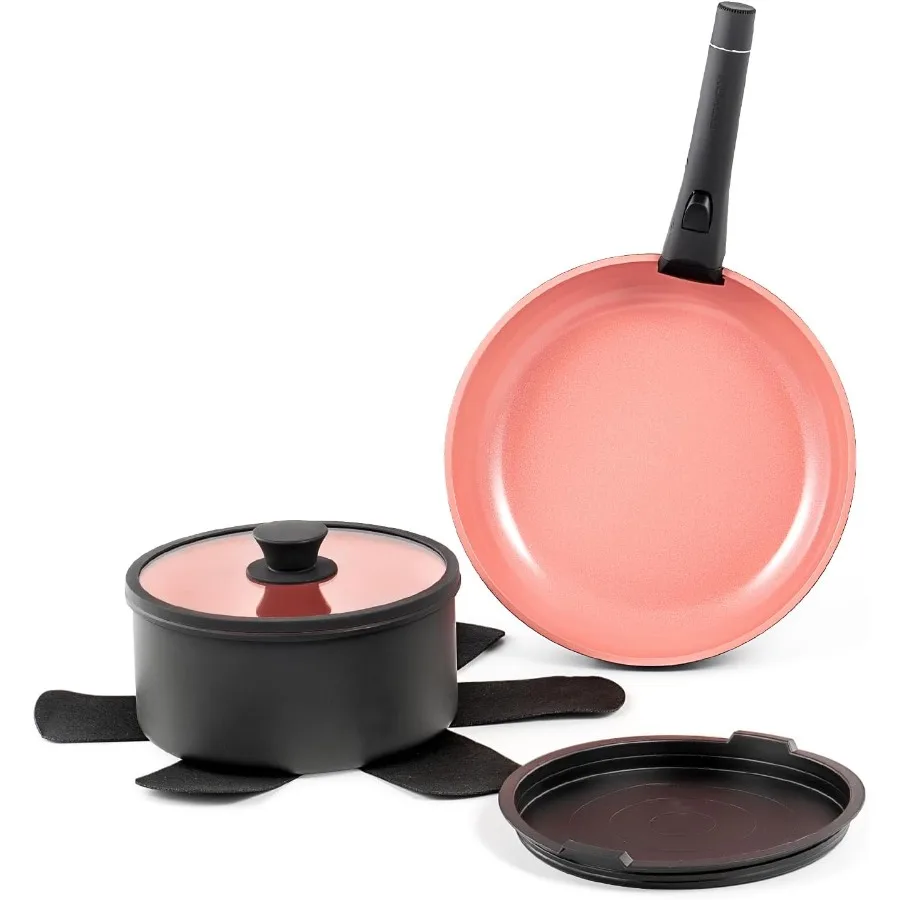 

Набор кастрюль и сковородок с антипригарным покрытием из титанового керамического покрытия для компактной кухни на колесах Съемные ручки для удобного хранения духовки и