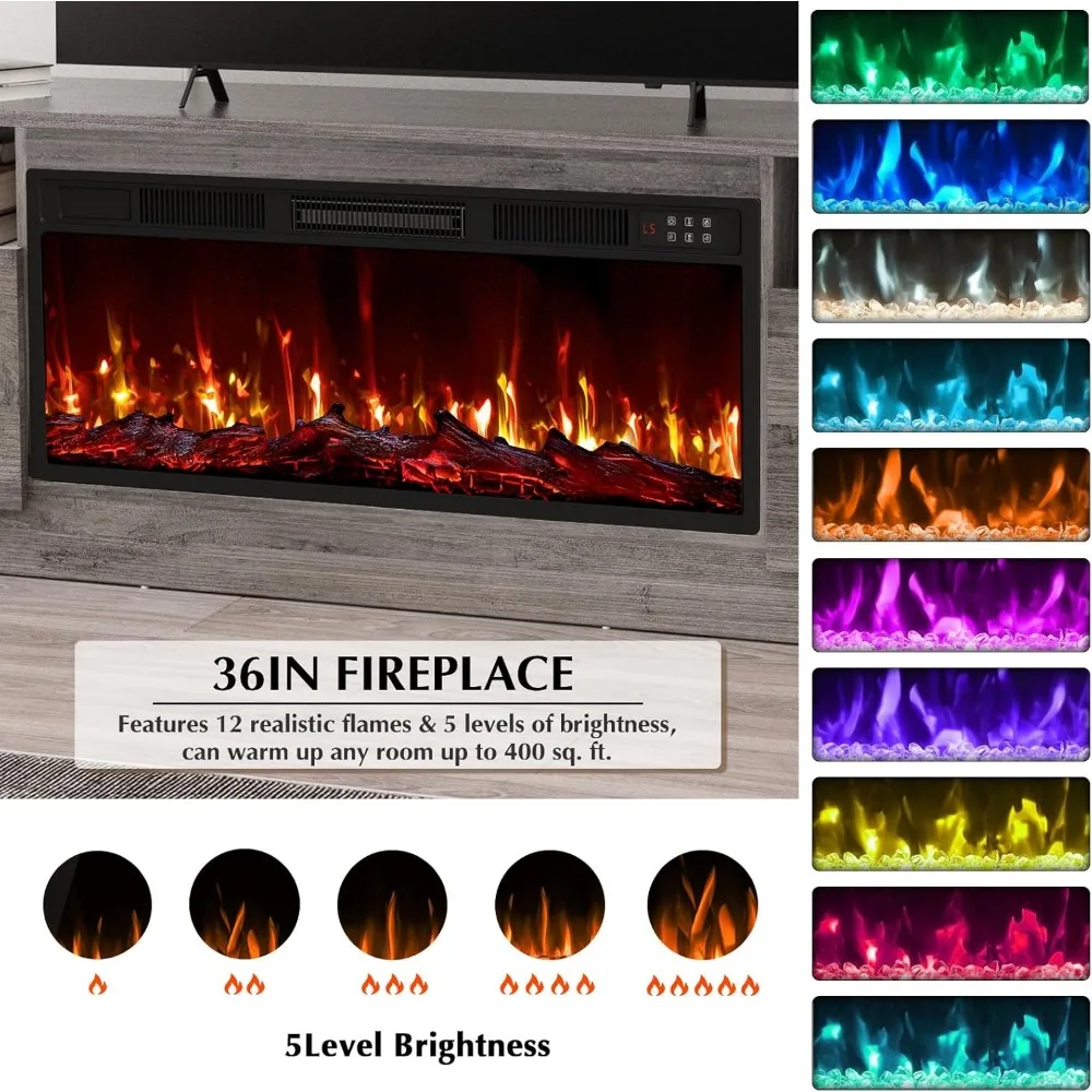 حامل تلفزيون ليمبري مدفأة مع مدفأة 36 بوصة حتى 80 تلفزيونًا، ومركز ترفيه وتخزين بإضاءة LED، و70 وسائط خشبية حديثة #4