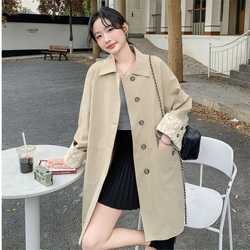 

Korean Windbreaker Women's 2025 Spring Autumn New Lace Stitching Medium To Long Lady Overcoat Loose Casual Trench Coat