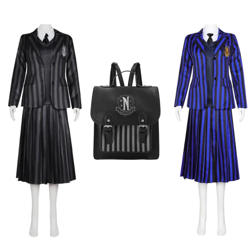 

Wednesday Addams Cosplay Family Costume Adult Kids Nevermore School Uniform Suit Birthday Dresses Party with schoolbag